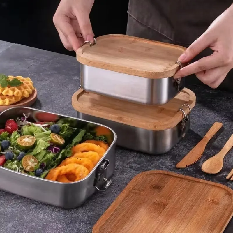 Durable 304 Stainless Steel Lunch Box with Bamboo Cover, Japanese Style Food Storage Container for Meals