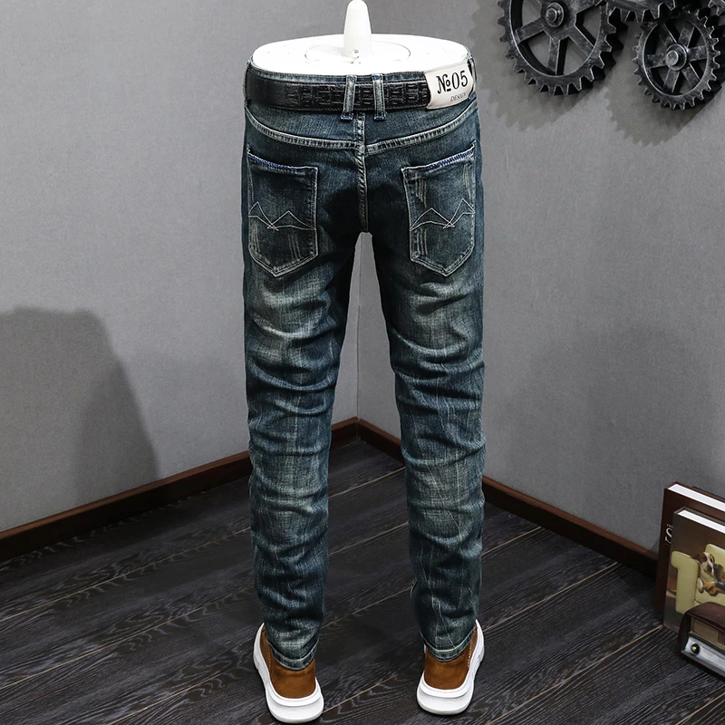 Newly Designer Fashion Men Jeans Retro Blue Elastic Slim Ripped Jeans Men Casual Straight Trousers Vintage Denim Pants Hombre