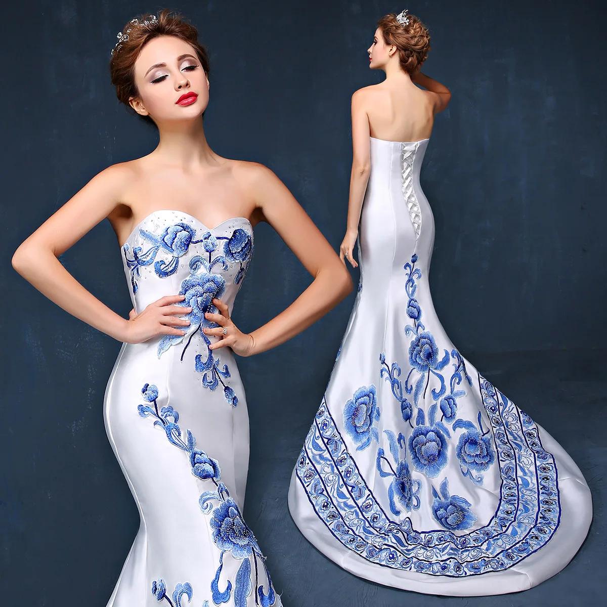 

Chinese Contemporary Hostess dress long style elegant slim model walk show cheongsam stage blue and white porcelain Costume