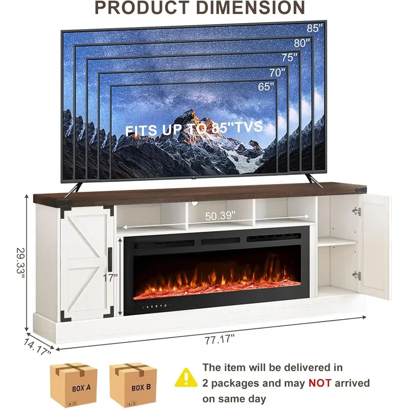 77 Fireplace TV Stand with 50 Electric Fireplace Farmhouse Entertainment Center with Barn Doors and LED Light for TVs Up to