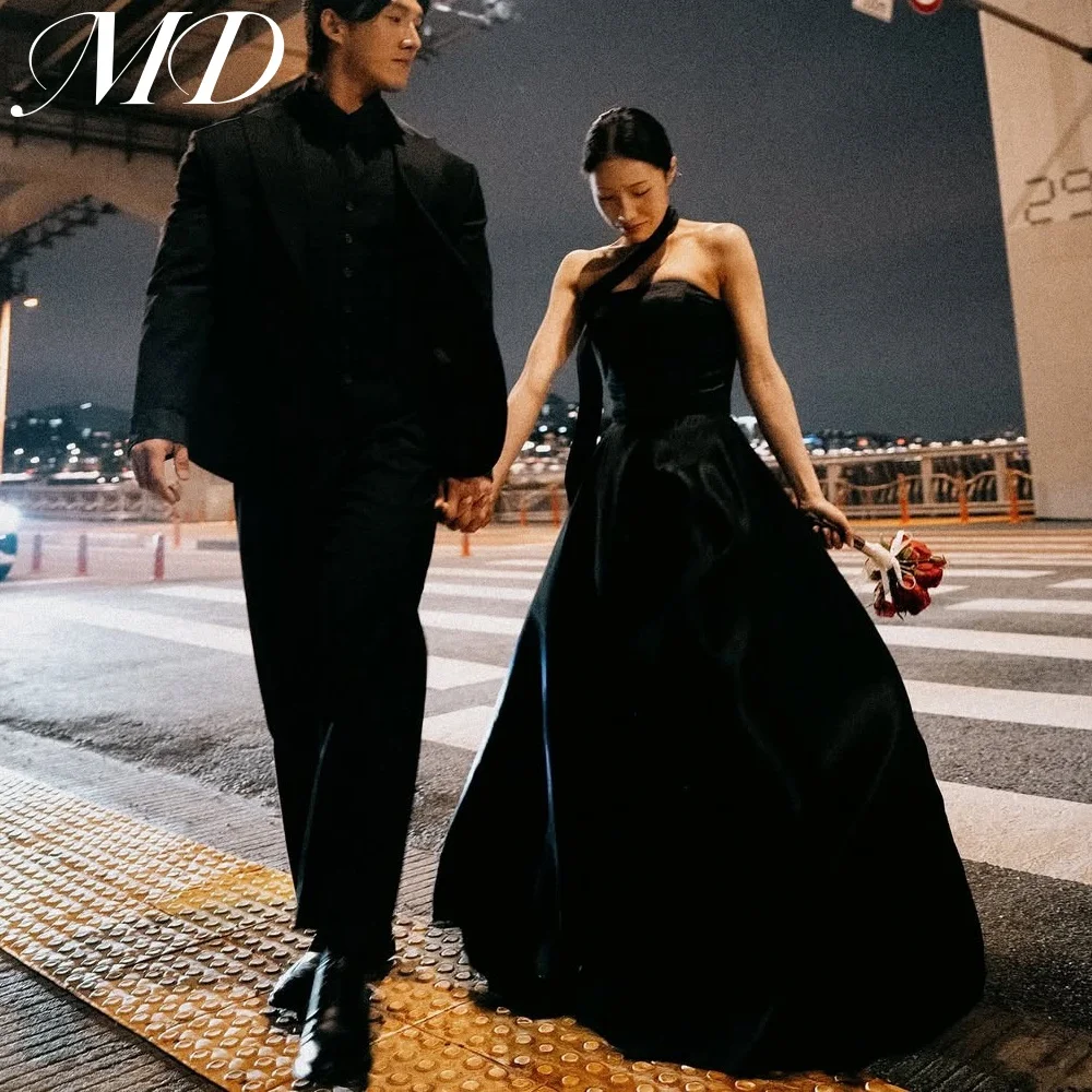 MD 2025 Modern Black A-line Wedding Party Dresses Strapless Satin Shawl Korea Photoshoot Customized Bridal Gowns Floor-Length