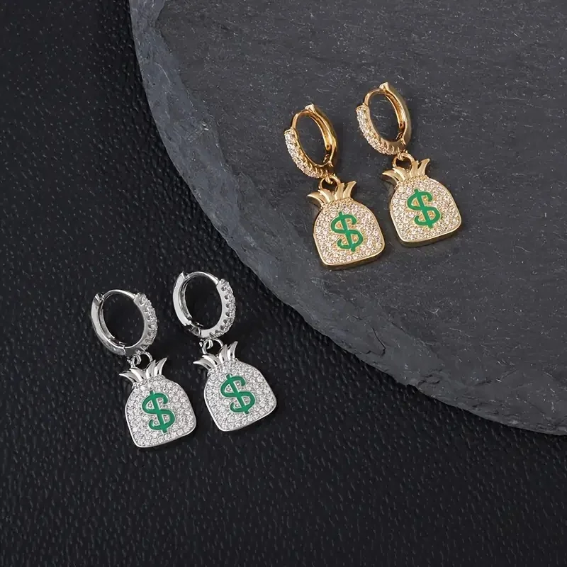 

Men and Women Trendy Hip Hop Rock Earrings Full ZirconFashion Hip Hop Dollar Sign Money Bag Pendant Earrings