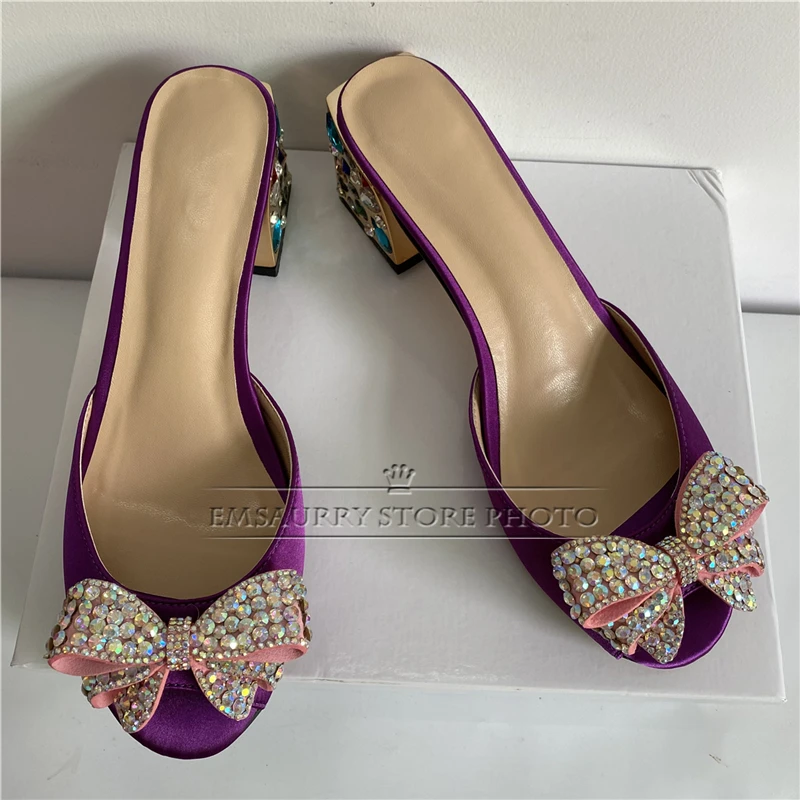 Crystal Jeweled Butterfly-Knot Sandals Women Colorful Rhinestone Diamond Square Heel Luxury Satin Slingbacks Mules Summer