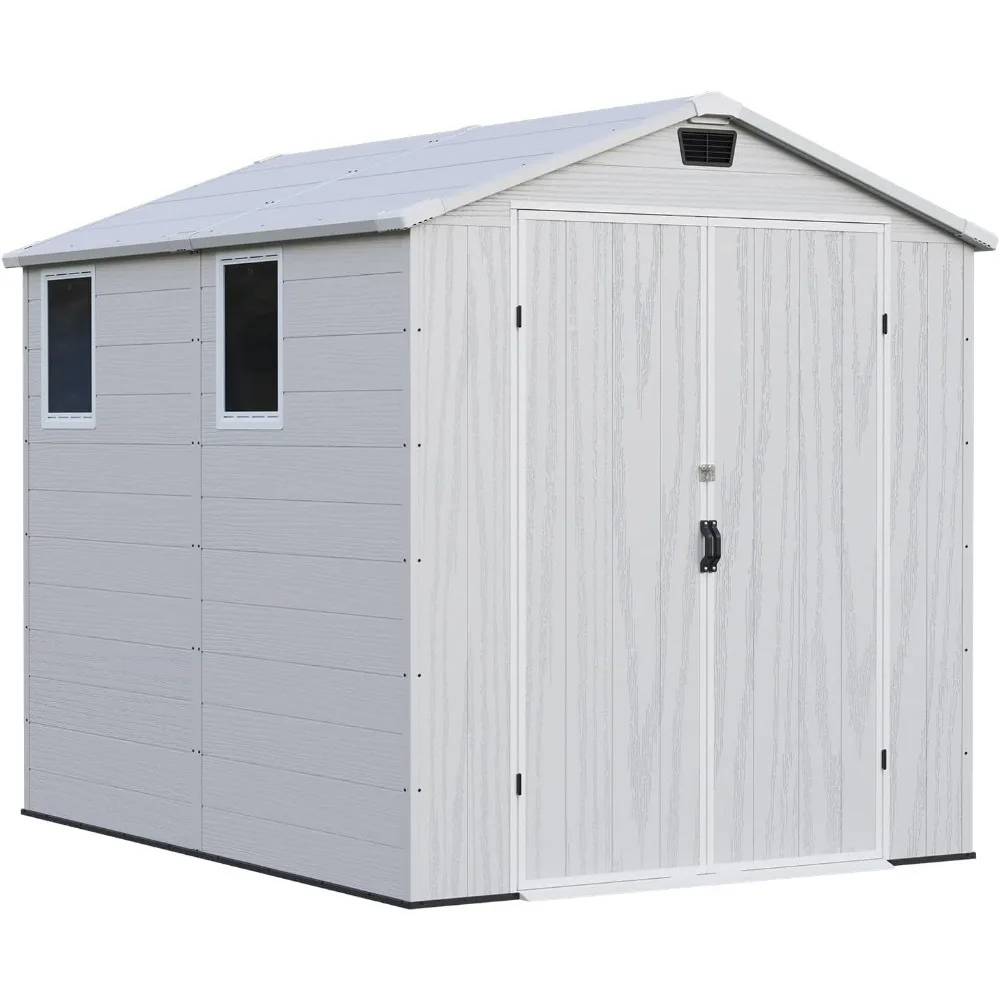 

6x8 FT Outdoor Storage Shed with Floor, Resin Garden Tool Shed with Lockable Door & Windows, Weather-Resistant for Law