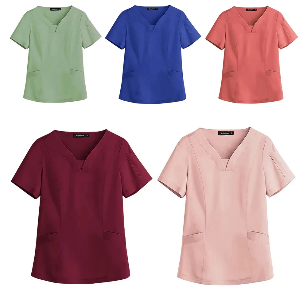 Top de envoltório simulado feminino, Scrubs para mulheres, 3 Bolso, Laboratório da Faculdade de Medicina do Hospital, Clínica Odontológica, Uniforme de Spa