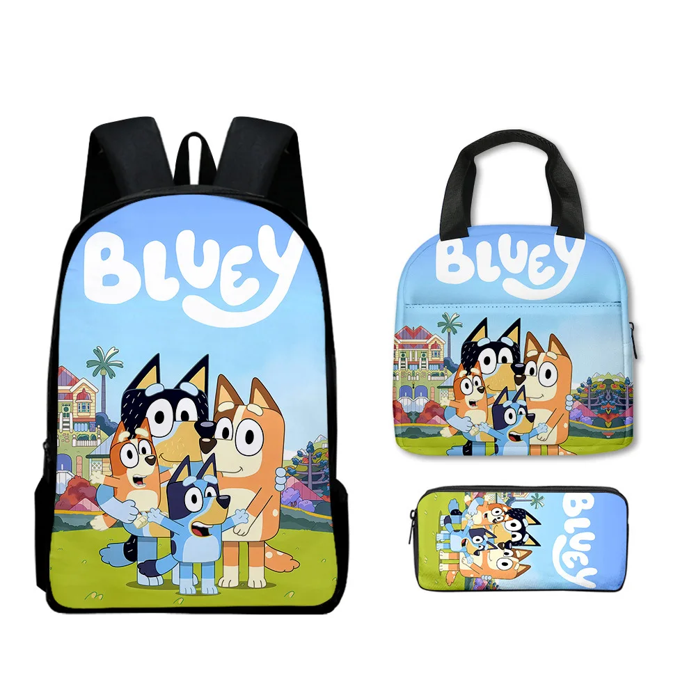 Bluey Student Backpack Cartoon Peripheral Printed School Lunch Bag Pencil Bag Three Piece Set Campus Boy Girl Burden Reduce Bag