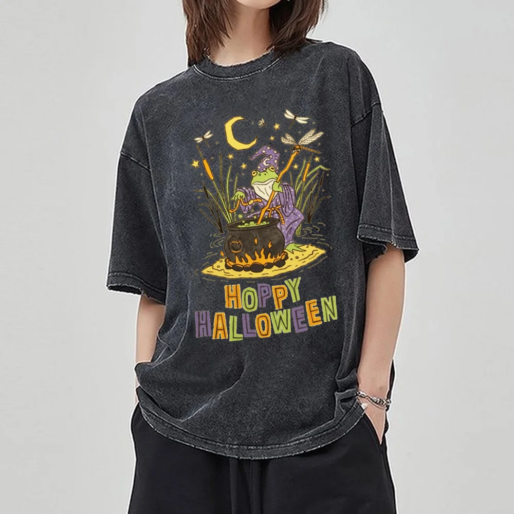 

Happy Halloween Witch Print Women Wash T-Shirt Oversized Round Neck Breathable Short Sleeve 2024 Summer Cool Top Men