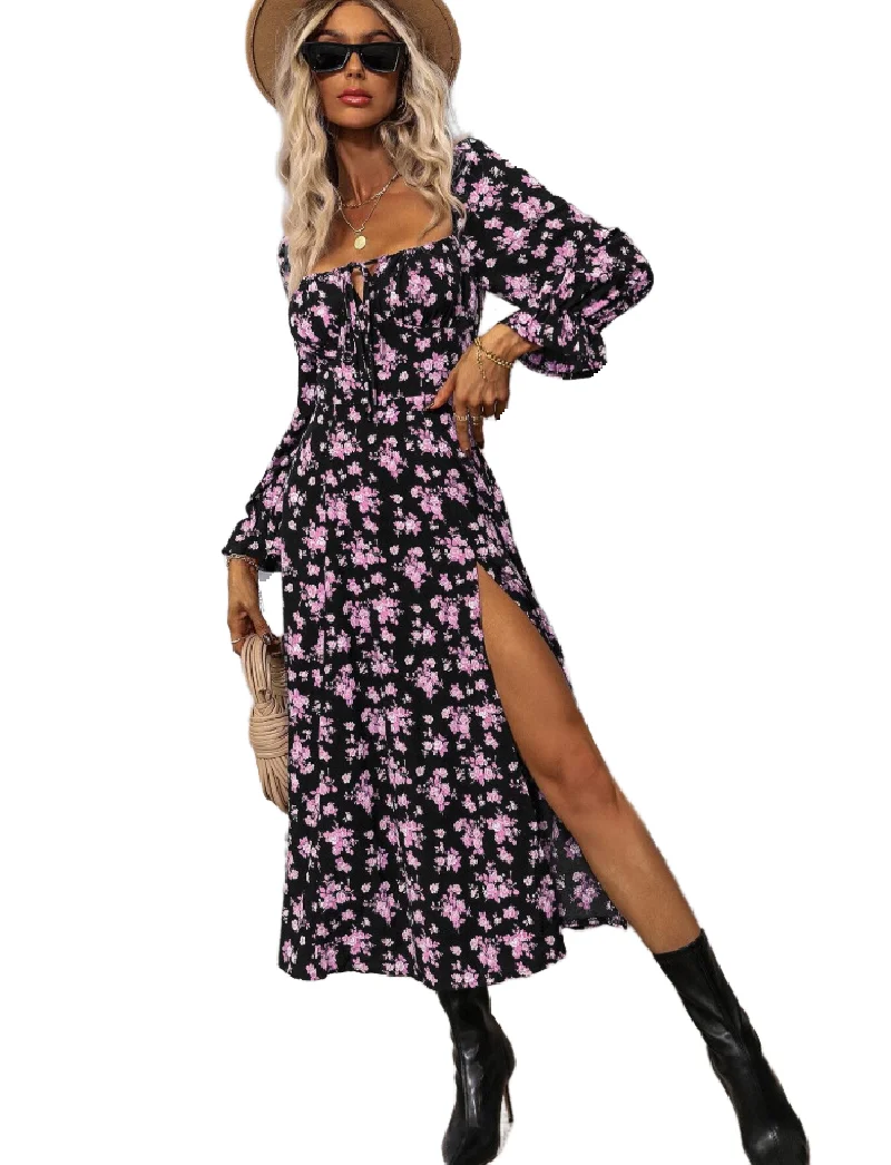 Spring Autumn Floral Long Dress Square Neck Printed Long Sleeve Bell Sleeve Slit Drawstring Dress Women\'s  Fashion Elegant Style