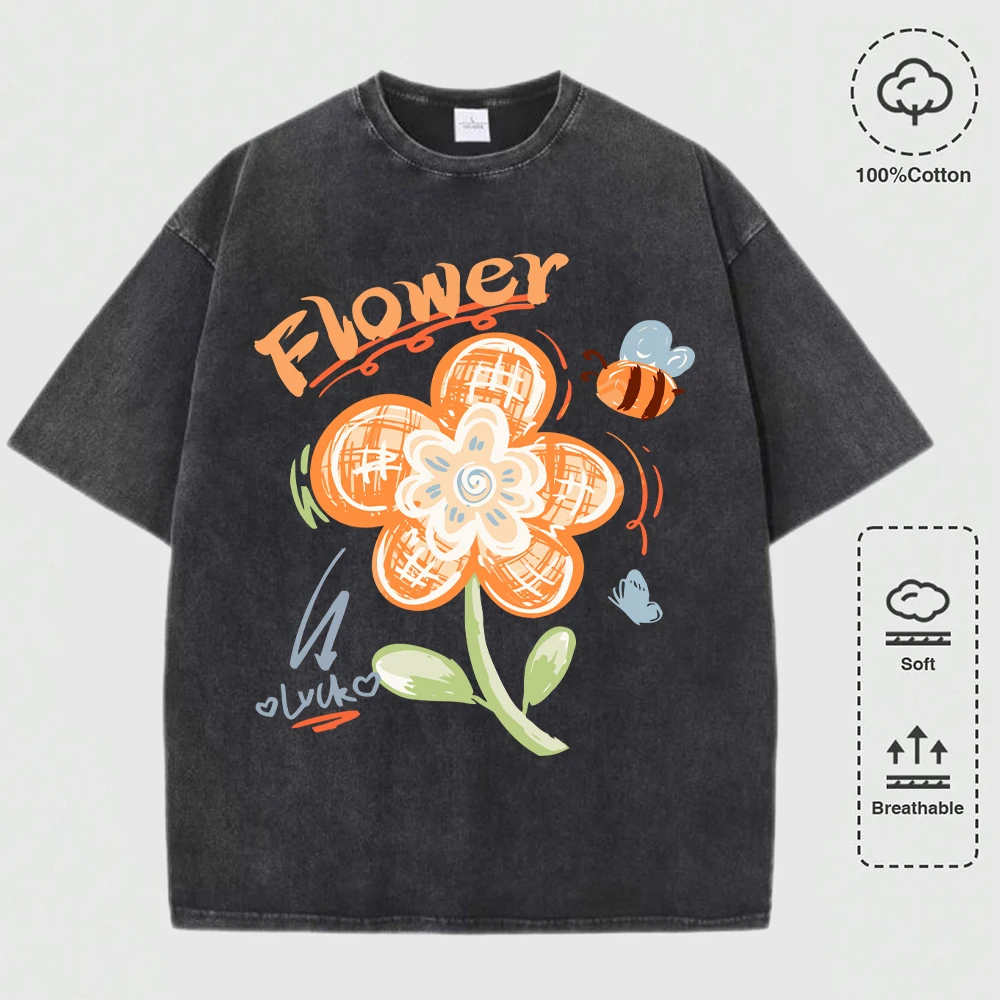 

Luck Flower Little Bee Print Washed Cotton T Shirt Man All-Match Hip Hop T-Shirts Crewneck Loose Casual Comfortable Streetwear