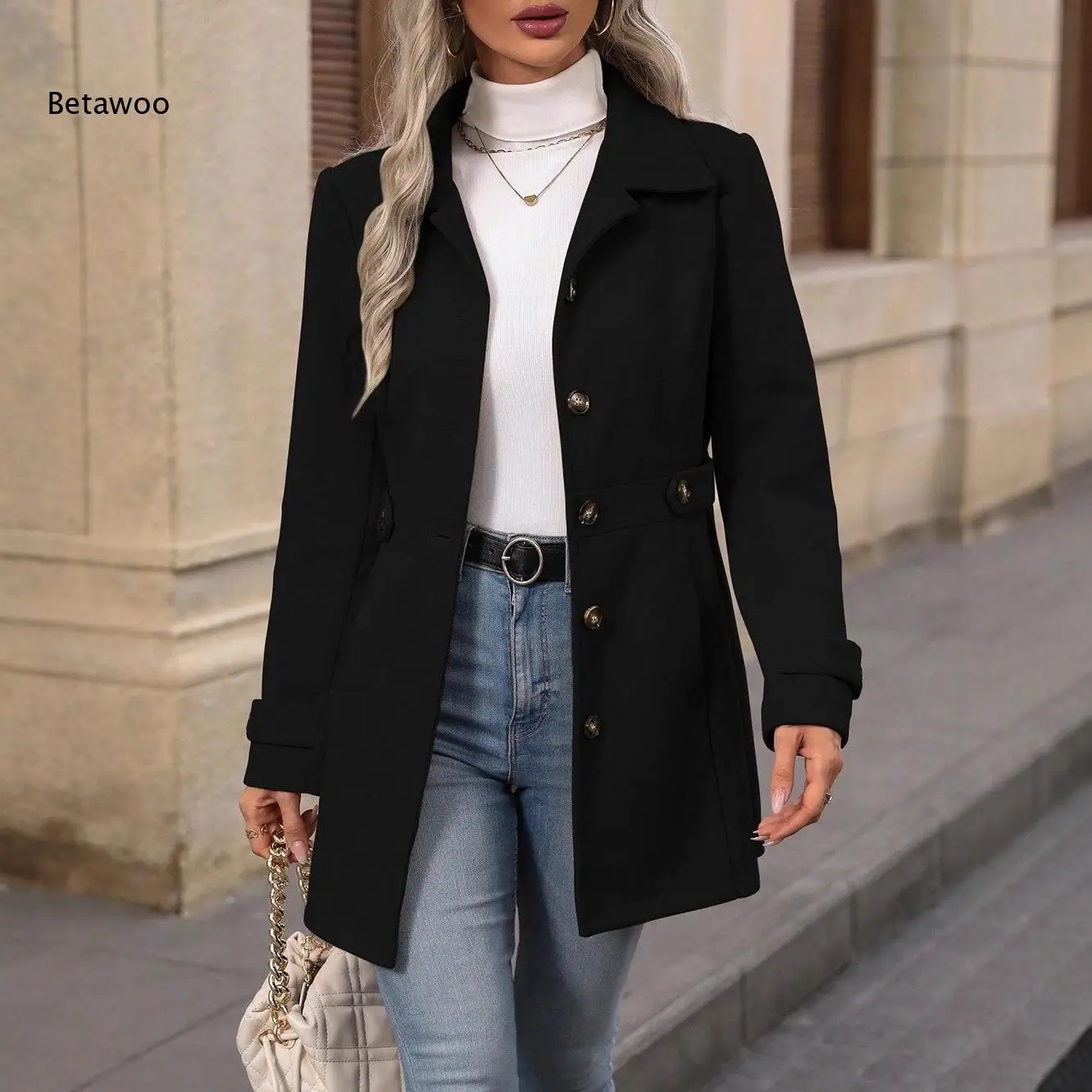 Women Lapel Collar Single Breasted Wool Blend Coat Decor Mid Length Slim Fit Long Sleeve Fall Winter Casual Outerwear