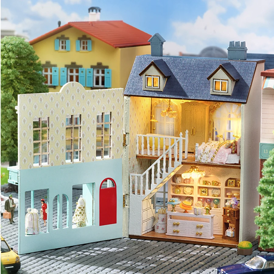 Doll House Kit Gift Shop Mini Assembly Building Model DIY Handmade 3D Puzzle Girl Princess Toy, Home Bedroom Decoration with Fur