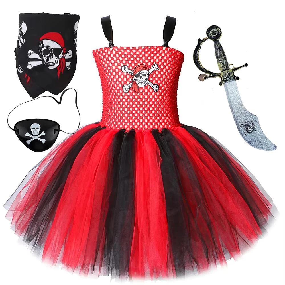 Red Black Pirate Costume for Girls Halloween Fancy Dresses for Kids Carnival Disguise Outfit Birthday Clothes with Bandana Sword