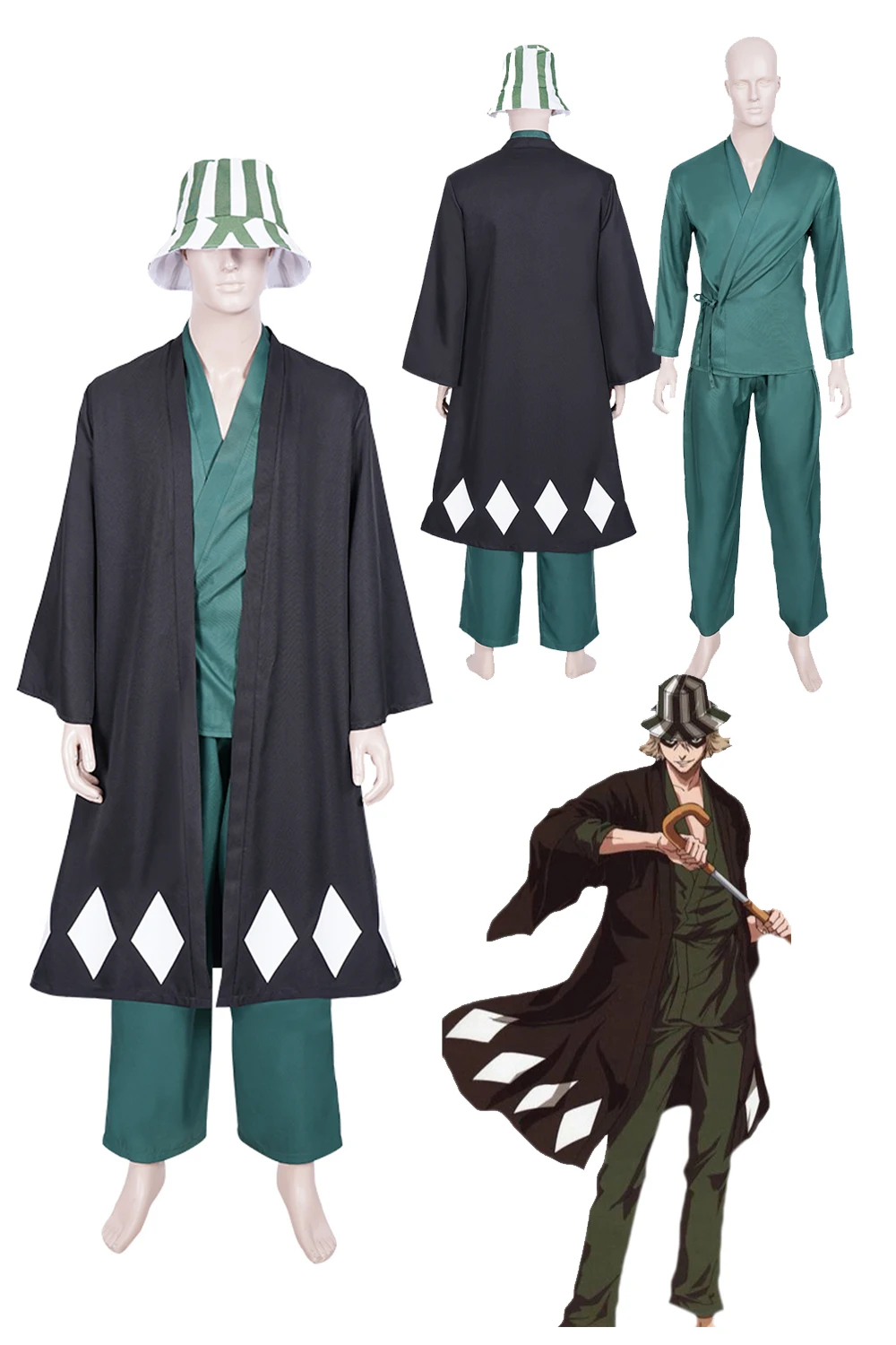 Anime Blieach Urahara Kisuke Fato de Cosplay Masculino, Trajes de RPG, Tops de capa, calças e chapéu, roupas de festa extravagantes, adulto masculino