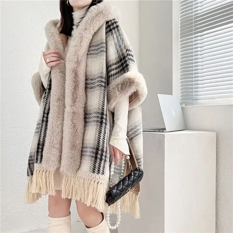 Cardigan fur collar hooded cape female autumn and winter women coat languid tassel shawl foreign long sleeve cardigan poncho