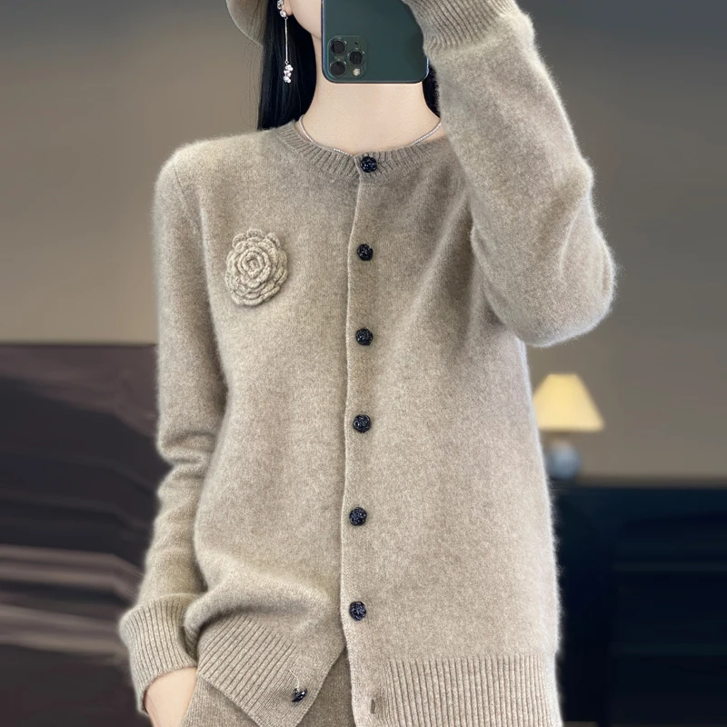 Long-sleeved 100% merino wool sweater cashmere cardigan autumn and winter women\'s O-neck sweater top fashion basic top 105