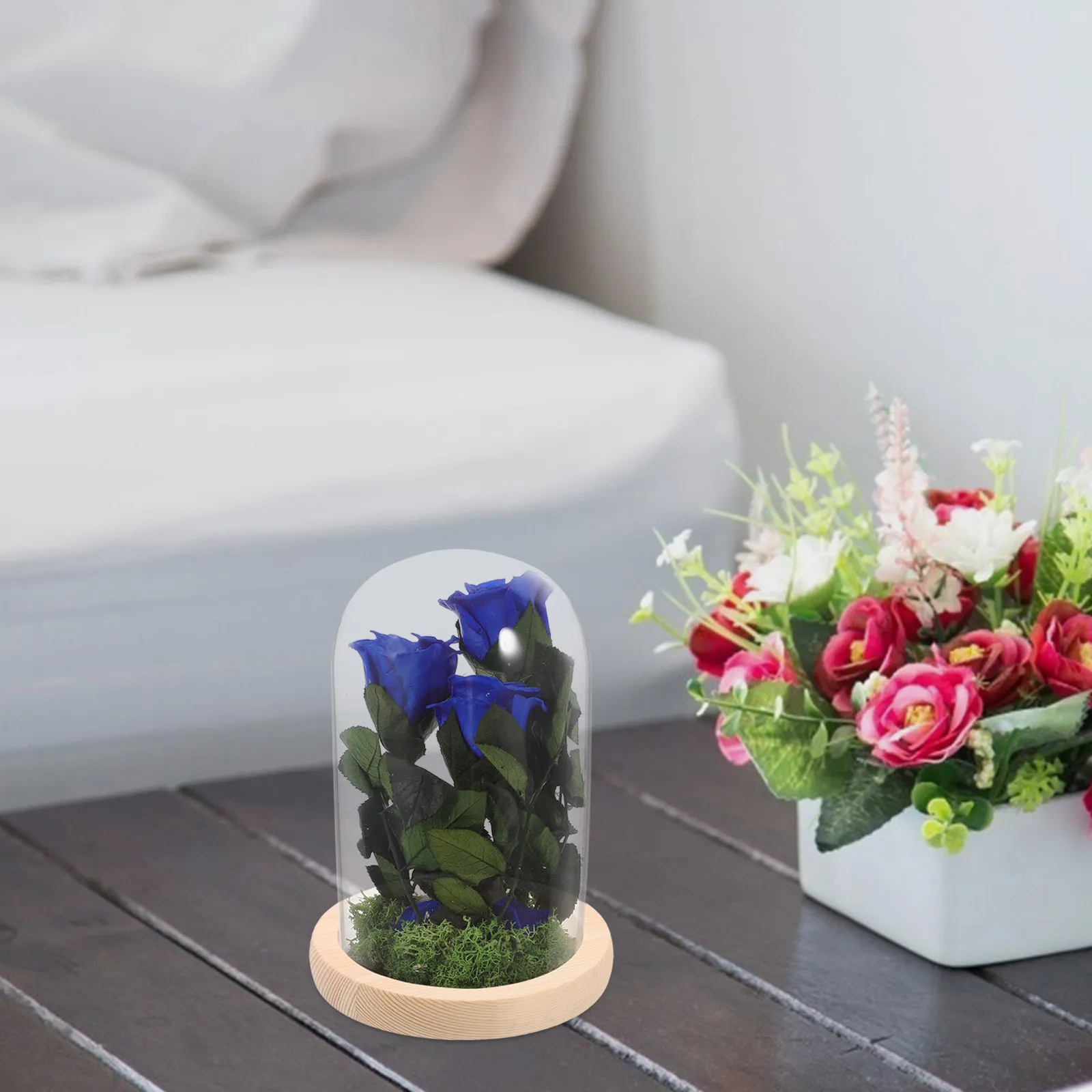2Pcs Glass Cloche Base Wooden Tray for Forever Flower Succulent Pot Saucer Dustproof Glass Dome Display Holder