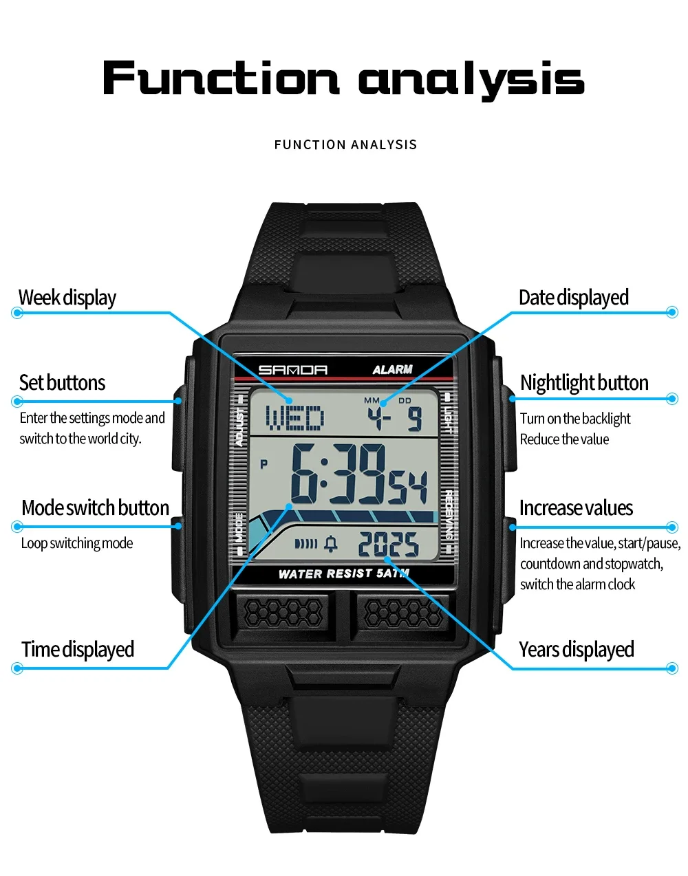 SANDA 2212 الرياضة ساعة إلكترونية للرجال متعددة الوظائف التقويم مضيئة العد التنازلي مقاوم للماء طالب ساعة رقمية reloj hombre #4