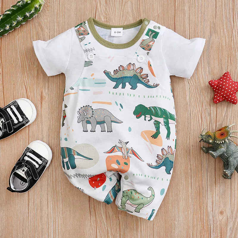 Newborn Baby Clothes Boy green dinosaur print Jumpsuit Summer Short Sleeve Romper 0-18M Infant Toddler Pajamas One Piece Outfit