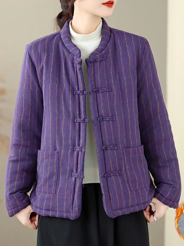 

Утепленное хлопковое пальто для женщин в винтажном китайском стиле с пуговицами, полосатым узором и эффектом похудения, вдохновленное дзен-буддизмом