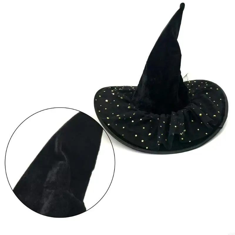 Chapéu bruxa Halloween 270D Wizard Caps Wizard Cosplay Costume Star Lace Pointed Hat