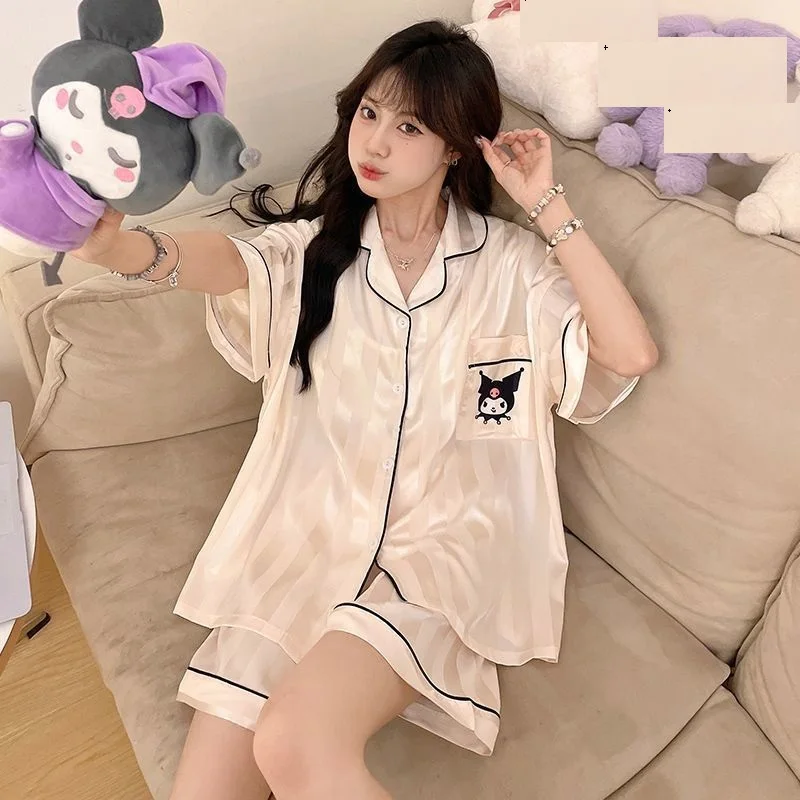 

Sanrio Kuromi Women's Sleeping Pajamas Sets Kawaii Cartoon Summer Short Sleeve Shorts Ice Silk Leisure Sleepwear Home Clothes