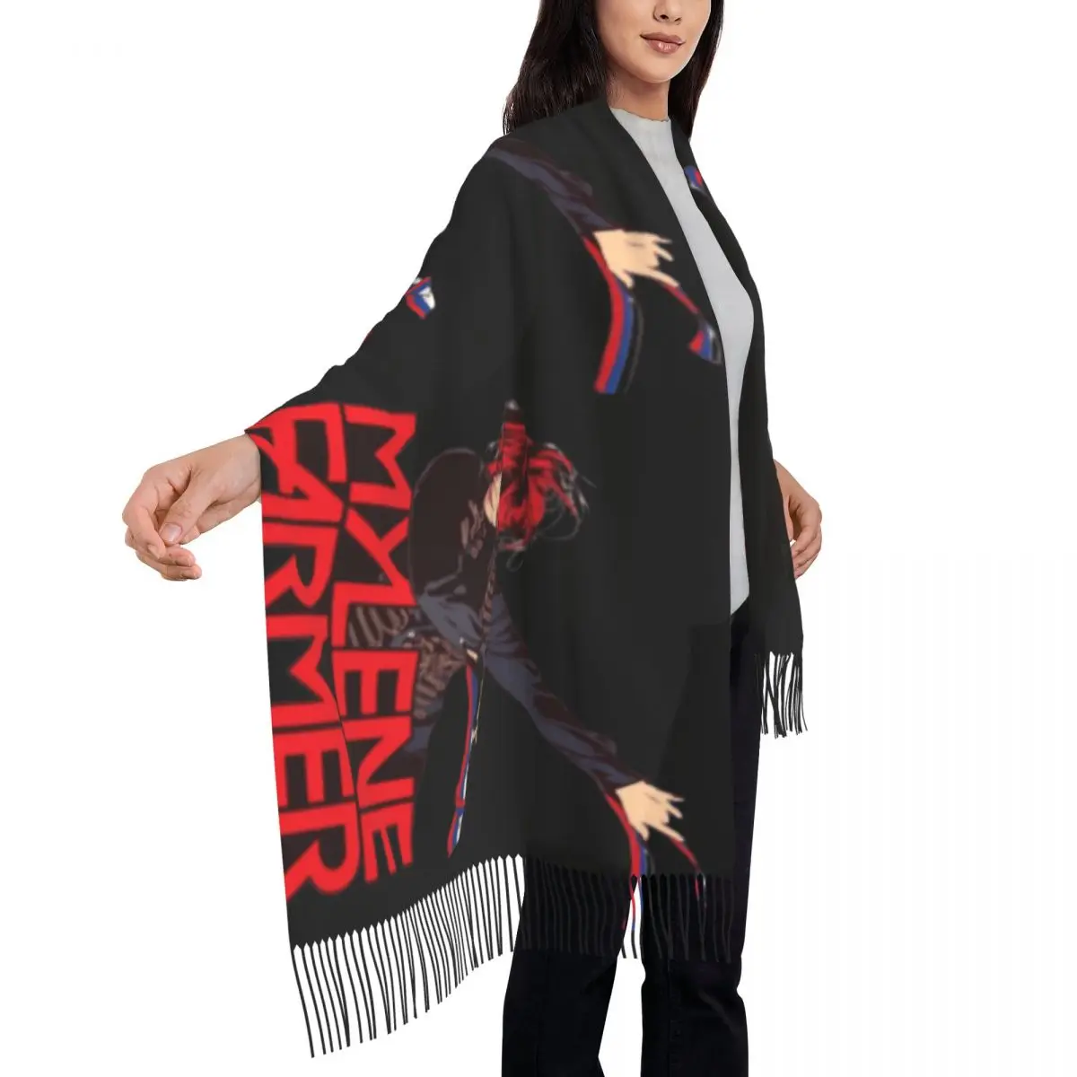 Mylene Farmer Jeanne Gautier Scarf with Long Tassel Fashion Singer Shawl Wraps Women Printed Head Scarves Winter Vintage Foulard