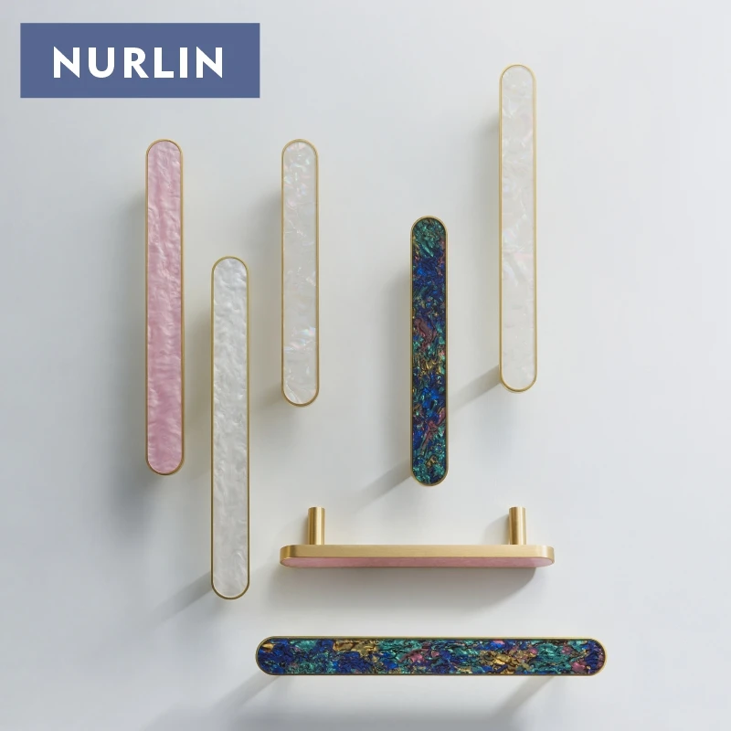 Nurlin Brass Colorful Round White Pink Shell Color Cabinet Wardrobe Furniture Knobs Long Series Handles