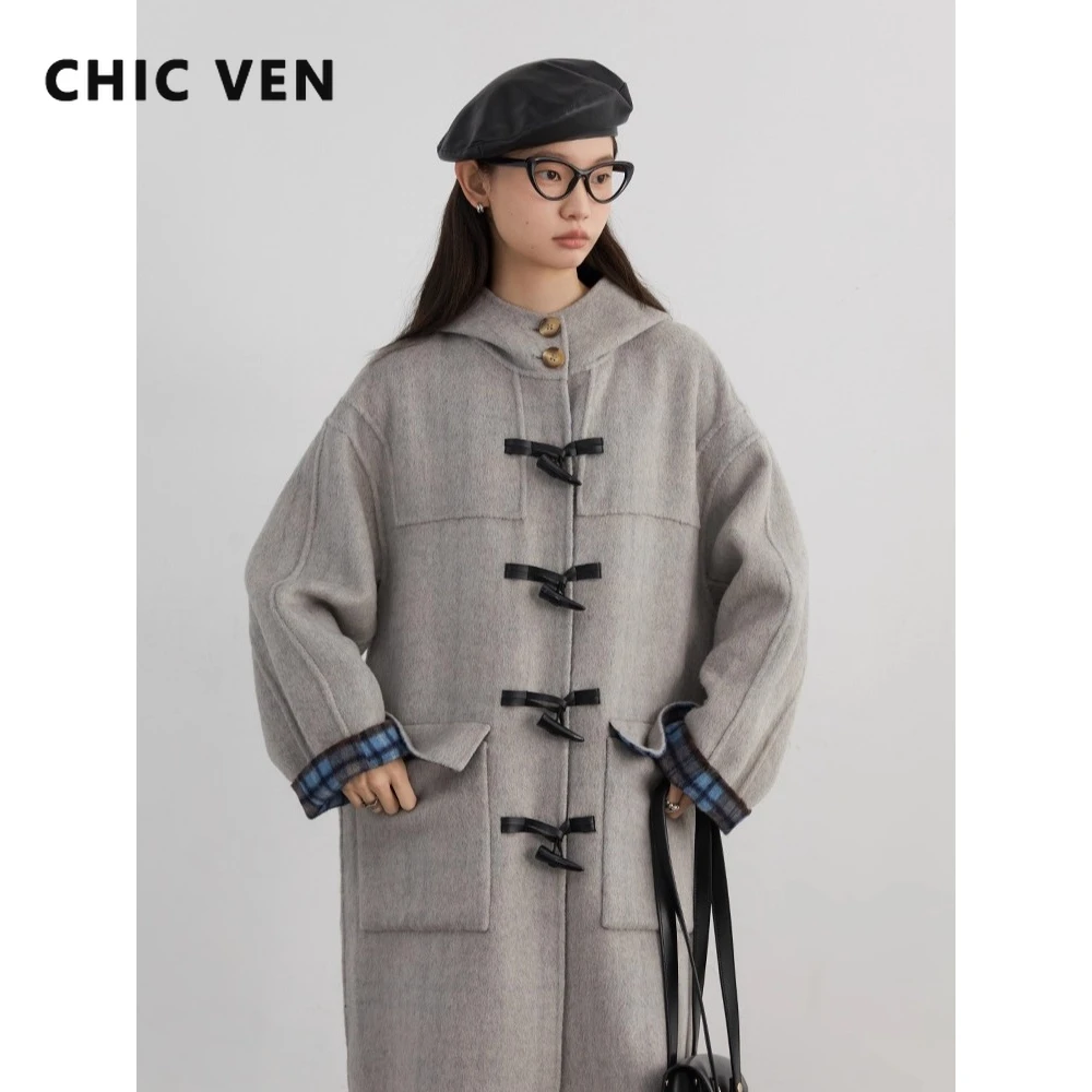 CHIC VEN Women Woolen Coat Loose Casual Hooded Plaid Double-sided Female Outerwear Reversible Office Ladies Autumn Winter 2025