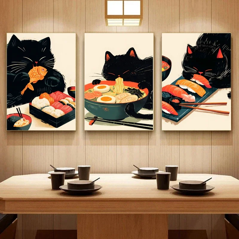 Póster de Ramen de Sushi Gourmet, bonito gato negro abstracto de dibujos animados, impresiones de pintura en lienzo, imágenes artísticas, decoración de pared para habitación, hogar y restaurante