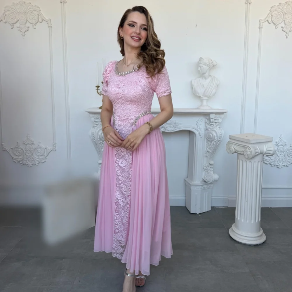 Customized Elegant Glitter O-Neck Lace Evening Dress Rhinestone Prom Party Wedding Guest Dress Formal A-line Midi Dresses