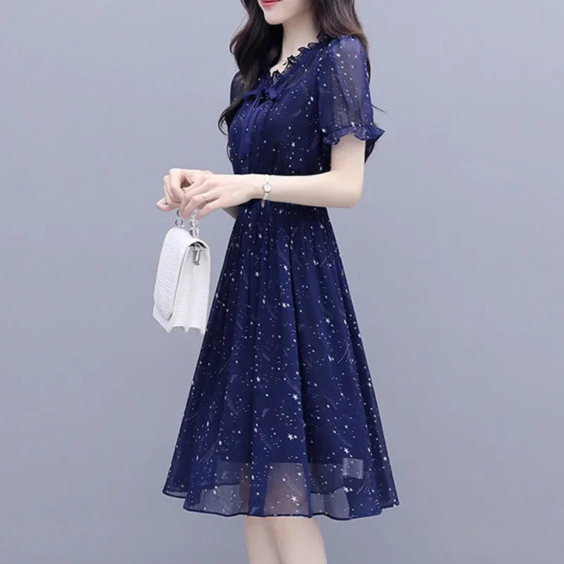 Elegant Ruffles Loose Folds Lace Up Bow Floral Dress Women\'s Clothing 2024 Summer New Short Sleeve Office Lady Mini R280
