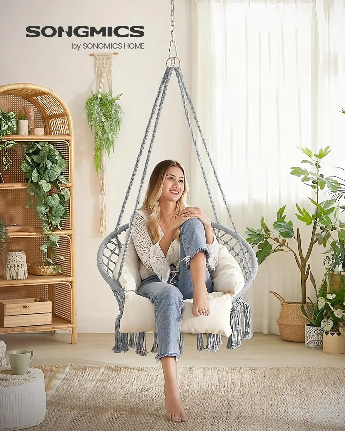 Hanging Chair, Hammock Chair with Large, Thick Cushion, Boho Swing Chair for Bedroom, Patio, Balcony, Garden