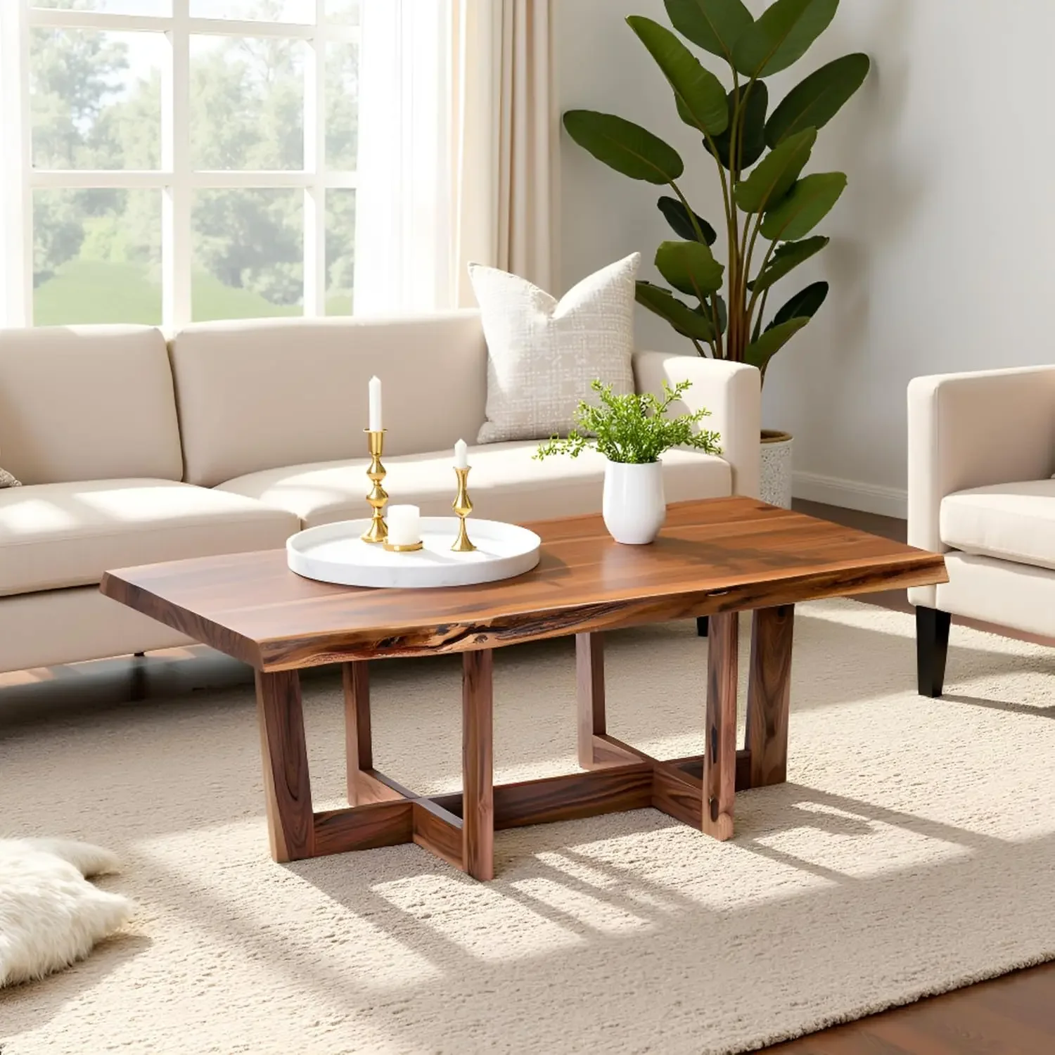 

Кофейный столик Berkshire из акации с необработанным краем, 48 дюймов – ручная работа, натуральное дерево, с защитой для пола – большой, современный, в индустриальном стиле