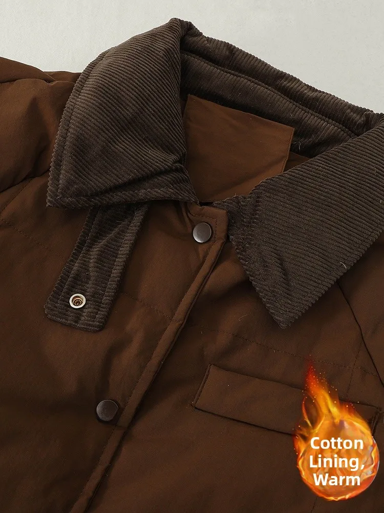 Damska kurtka puchowa z sztruksu, zimowa, luksusowa, luźna, średniej długości, ciepła, bawełniana, odzież wierzchnia, retro, długa, swobodna.