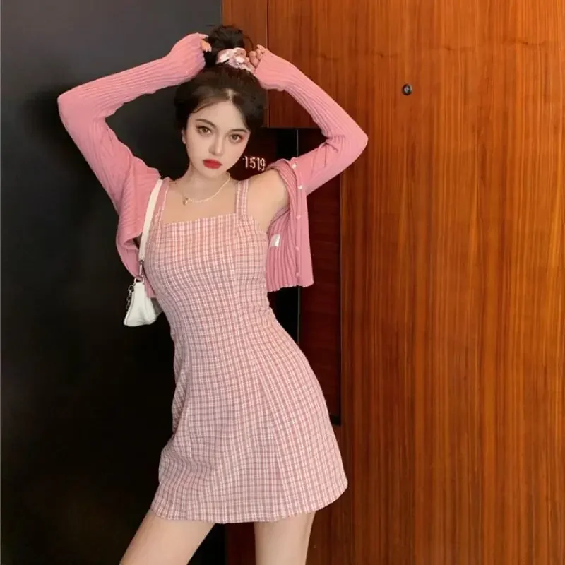 2 Pieces Sets for Women Yellow Plaid Party Midi Crochet Woman Outfit Beach Sexy Long Sleeve Dress Knit Vintage Jacket Full Korea