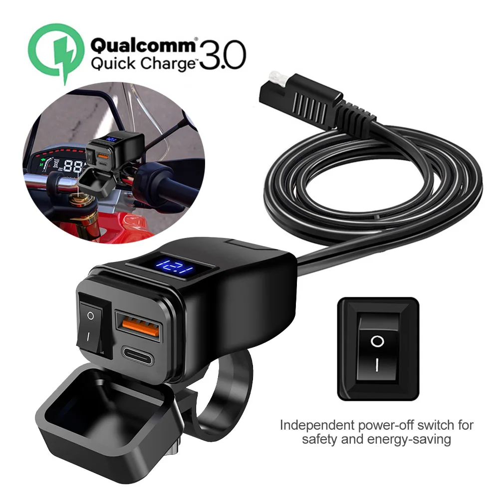 Motorcycle Fast Charger Waterproof Type C Port Socket Connector with Voltmeter Display PD QC Motor Adaptors With Switch