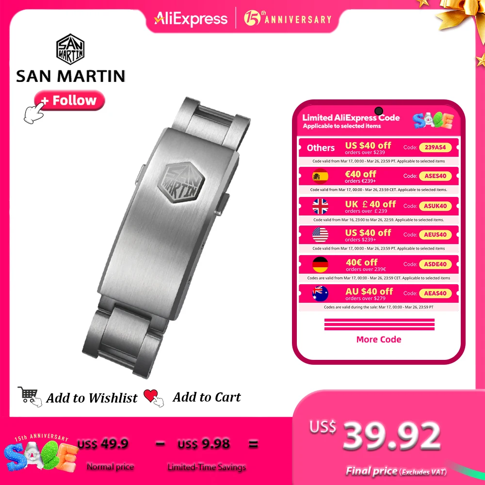 San Martin Horloge Vliegen Verstelbare Gesp Armband Onderdelen Niet-Generieke Type 16Mm Maat Gesp Roestvrij Staal Vouwsluiting Voor Sn0054