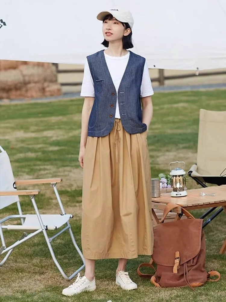 

Retro Sle Svel V-Ne Denim Vest Versatile Color Faion Layering Loose Fit Button Detail Casual Women's Top