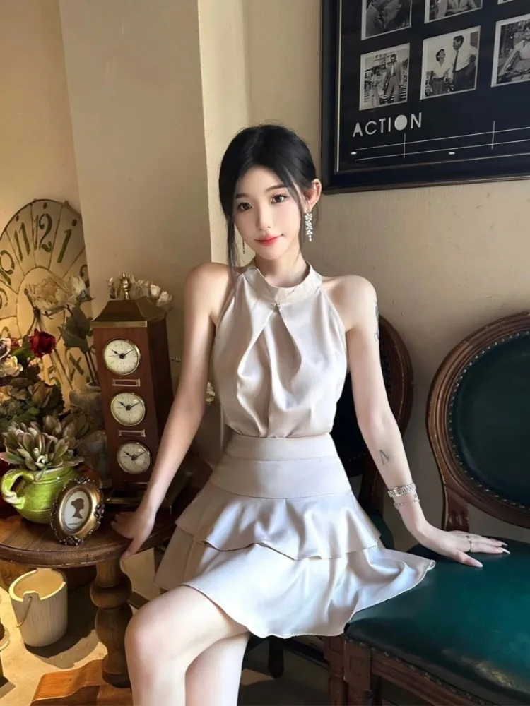 

Fashion Off Shoulder Halter Vest Top for Women+ Y2k High Waisrt Sweet Ruffles A-line Skirts 2025 Sumemr New Two Piece Sets