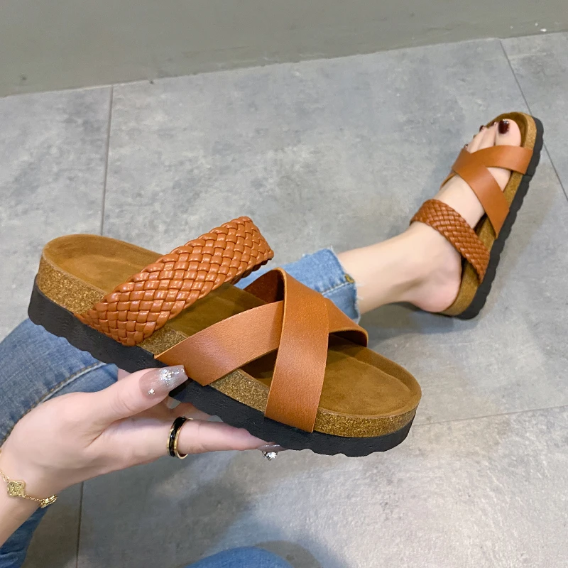 2023 Unisex Fashion Men Beach Cross Cork Slippers Summer Solid Color Non-slip Outside Women Women's slippers