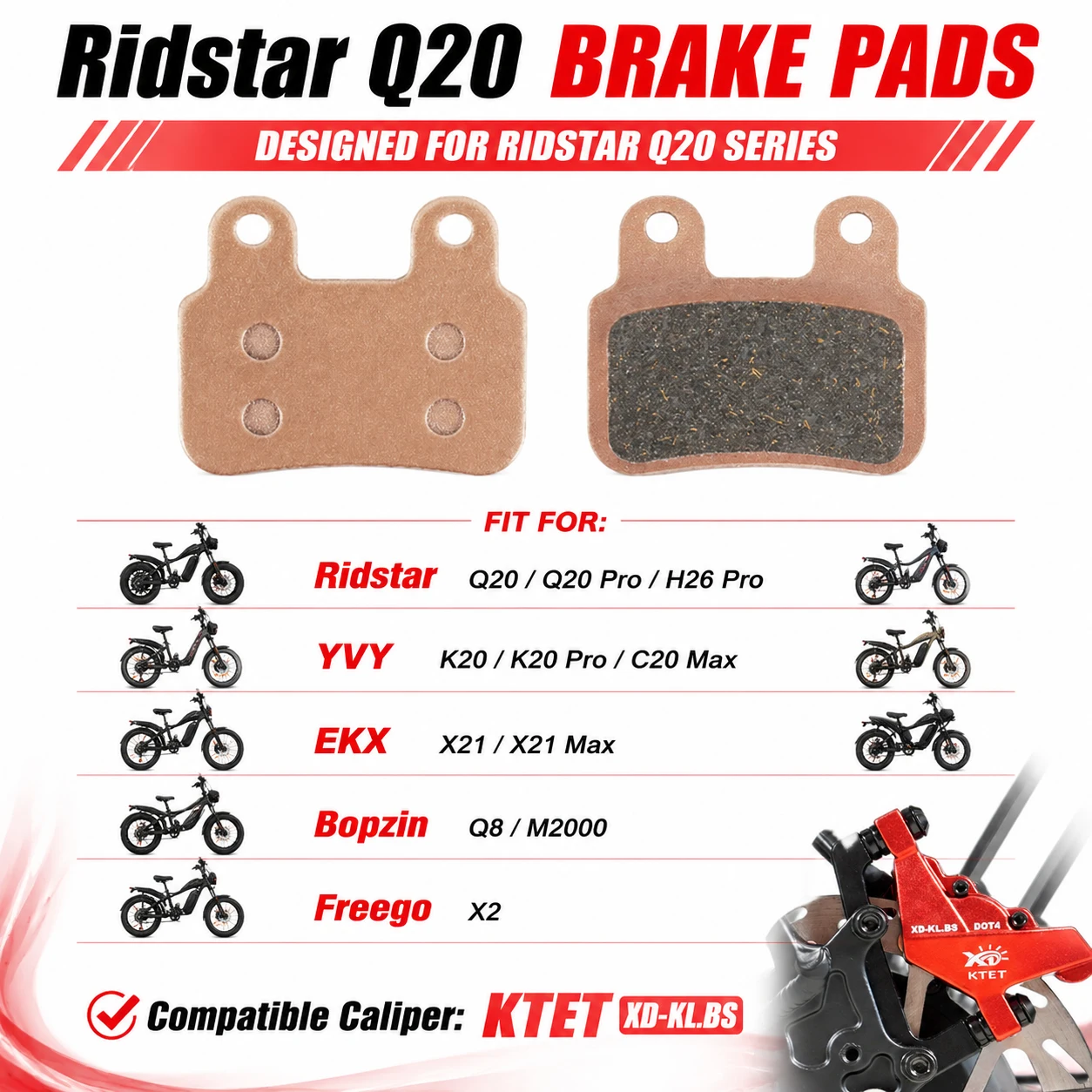 Ebike Disc Brake Pads Semi-Metallic for KTET XD-KL.BS XD-KLBS-DOTS A8 Ridstar Q20 Q20 Pro H26