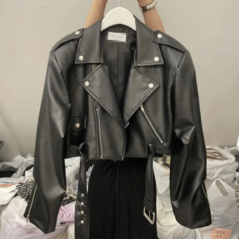 Y2K Motorcycle PU Leather Jacket Women Maillard Jacket Fashionable Lapel Slim Long Sleeves Montage Leather Jacket Top Coat New