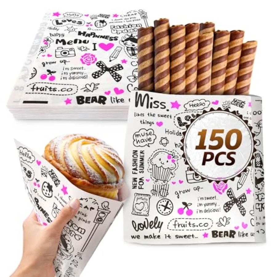 Juego de 150 Bolsas para Pretzels - Bolsas de Papel Encerado para Sándwiches de 14.5 x 15 cm, Aptas para Hamburguesas, Pretzels y Galletas, Resistentes a la Grasa