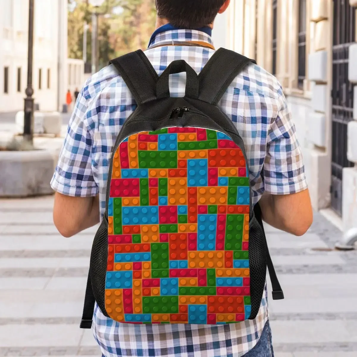 Customized Colorful Building Plastic Brick Toy Blocks Patterns Backpack Men Women Basic Bookbag for School College Bags