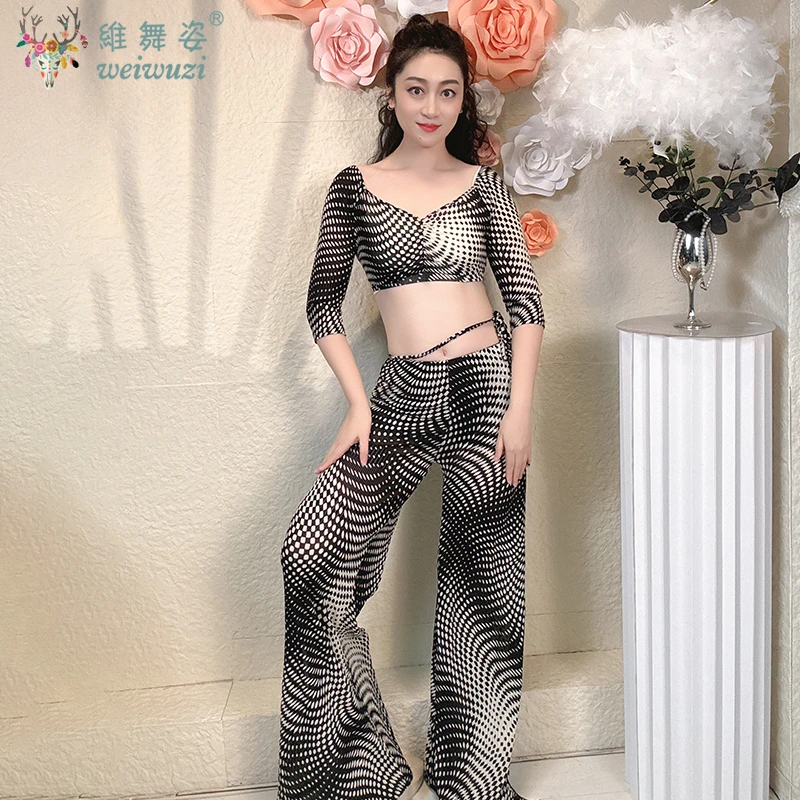 

Belly Dance Practice Clothes Set Short Sleeves Top+trousers 2pcs Black and White Color Adult Bellydancing Suit Oriental Outfit