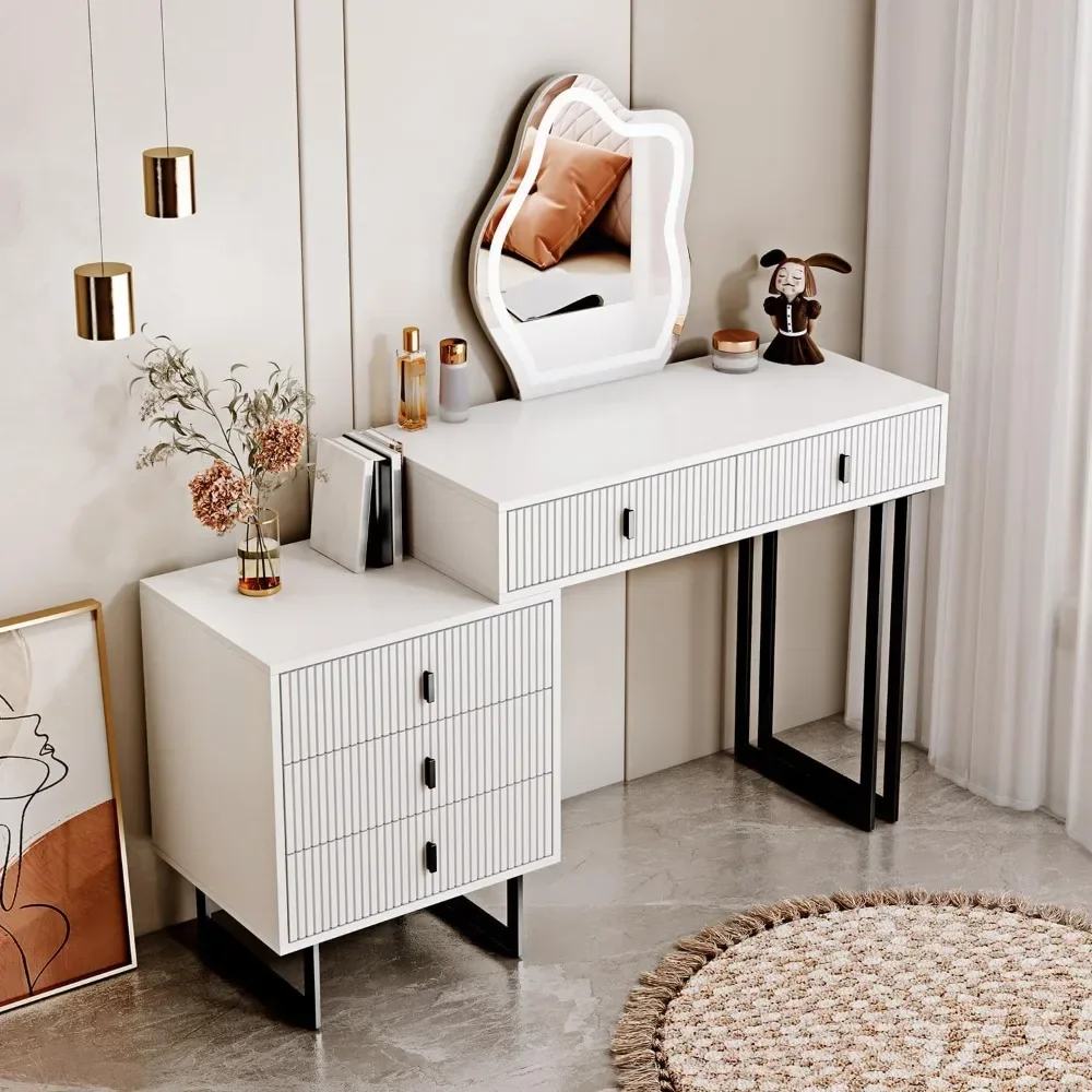 White, Vanity Desk with 3 Color Touch Screen Dimming Mirror,Brightness Adjustable,Makeup Table and 5 Large Drawers,Makeup Room