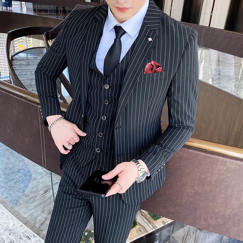 (Jackets+Vest+Pants) 2022 Men\'s Three-piece Suit/Male Slim Fit Cotton High Quality Business Blazers/Man Stripe Groom Dress S-5XL