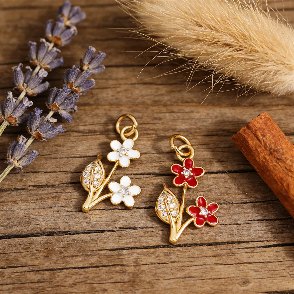 

3Pcs Pendants Brass Cubic Zirconia Enamel Double Flower Leaf Shape Charms for DIY Jewelry Making Necklace Bracelet Accessories