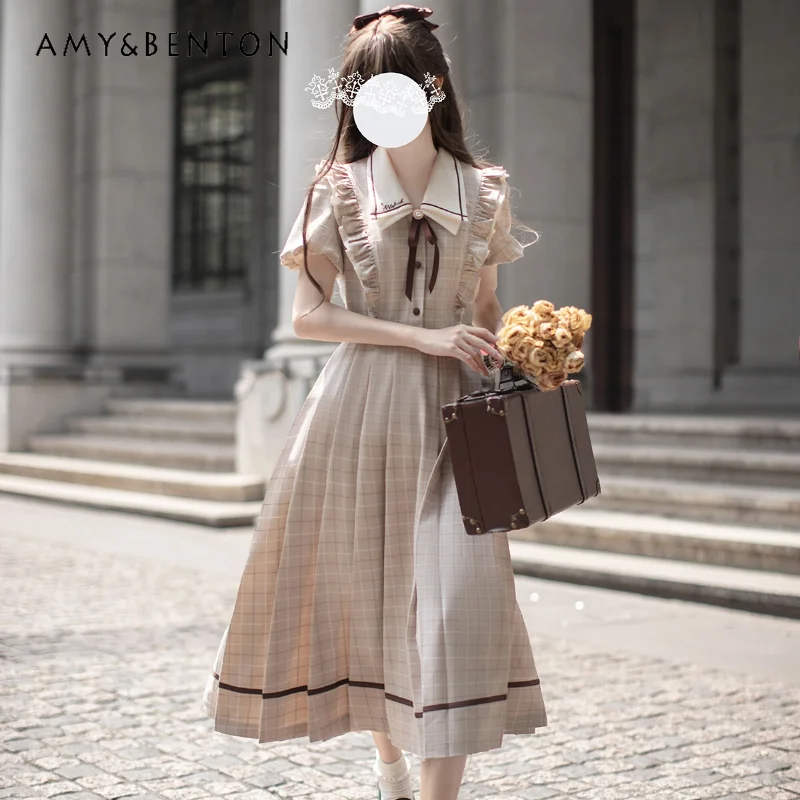 

2024 New French Literary Artistic Retro Lapel Lace Edge Bow Apricot A Line Waist Slim and Thin Fashion Versatile Dress For Girls