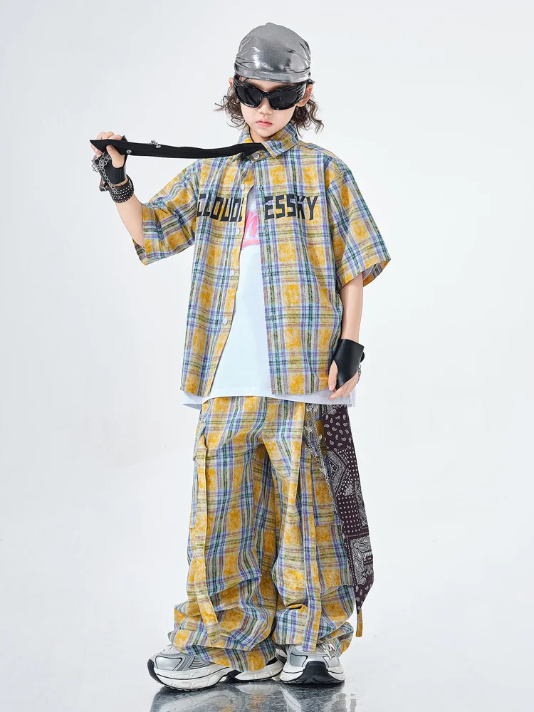 Girls Hip Hop Plaid Shirt Cargo Pants Boys Street Dance Clothes Set Child Teensage Streetwear Kids K-pop Jazz Costume
